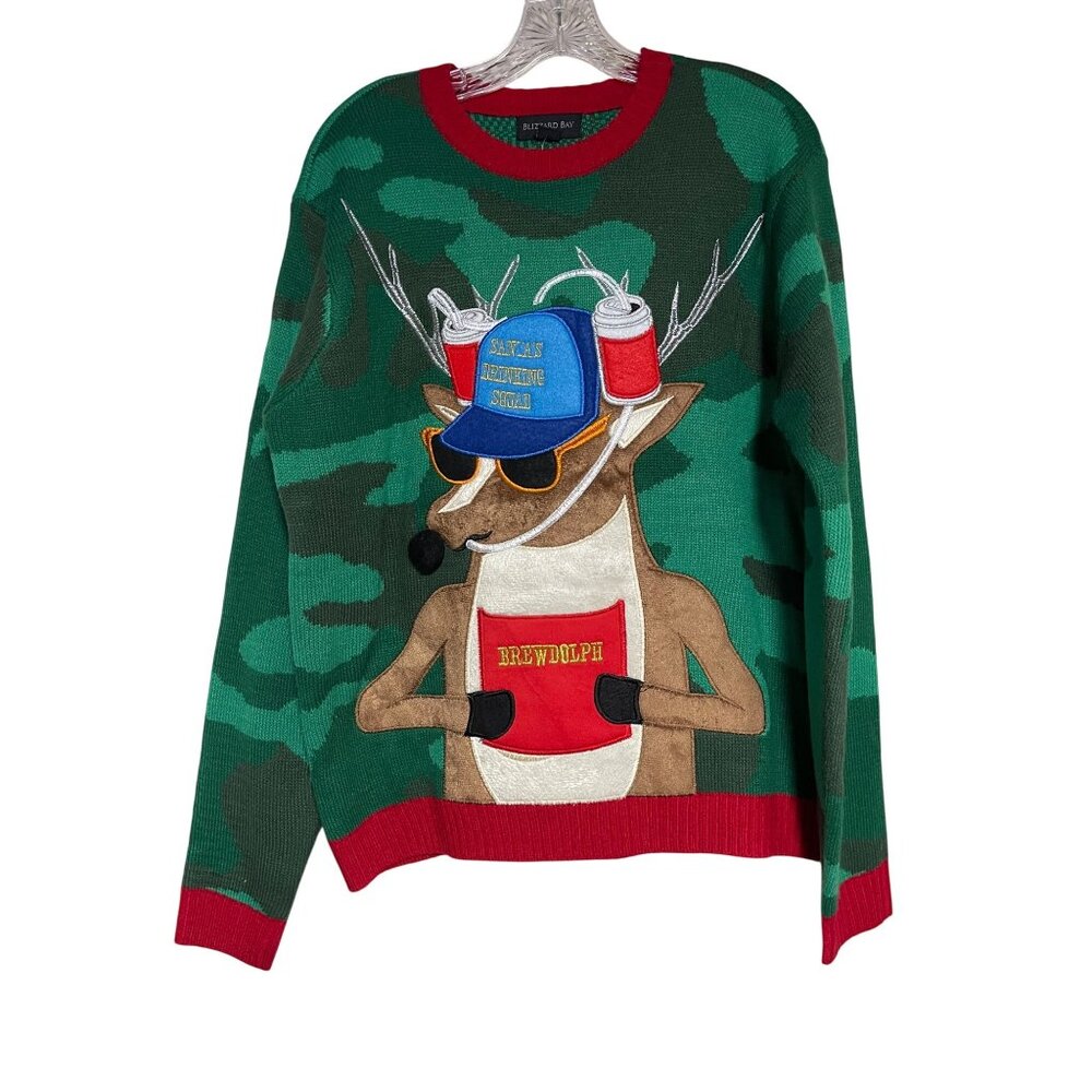 Blizzard Bay Mens Ugly Christmas Sweater Brewdolph Reindeer Green Camo Size L
